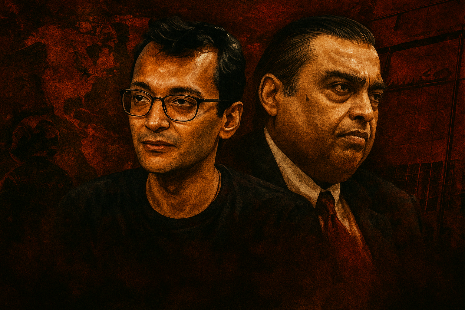 Digital painting of Ambani and kabeer biswas in a dramatic red-toned background, symbolizing business rivalry and corporate tension.