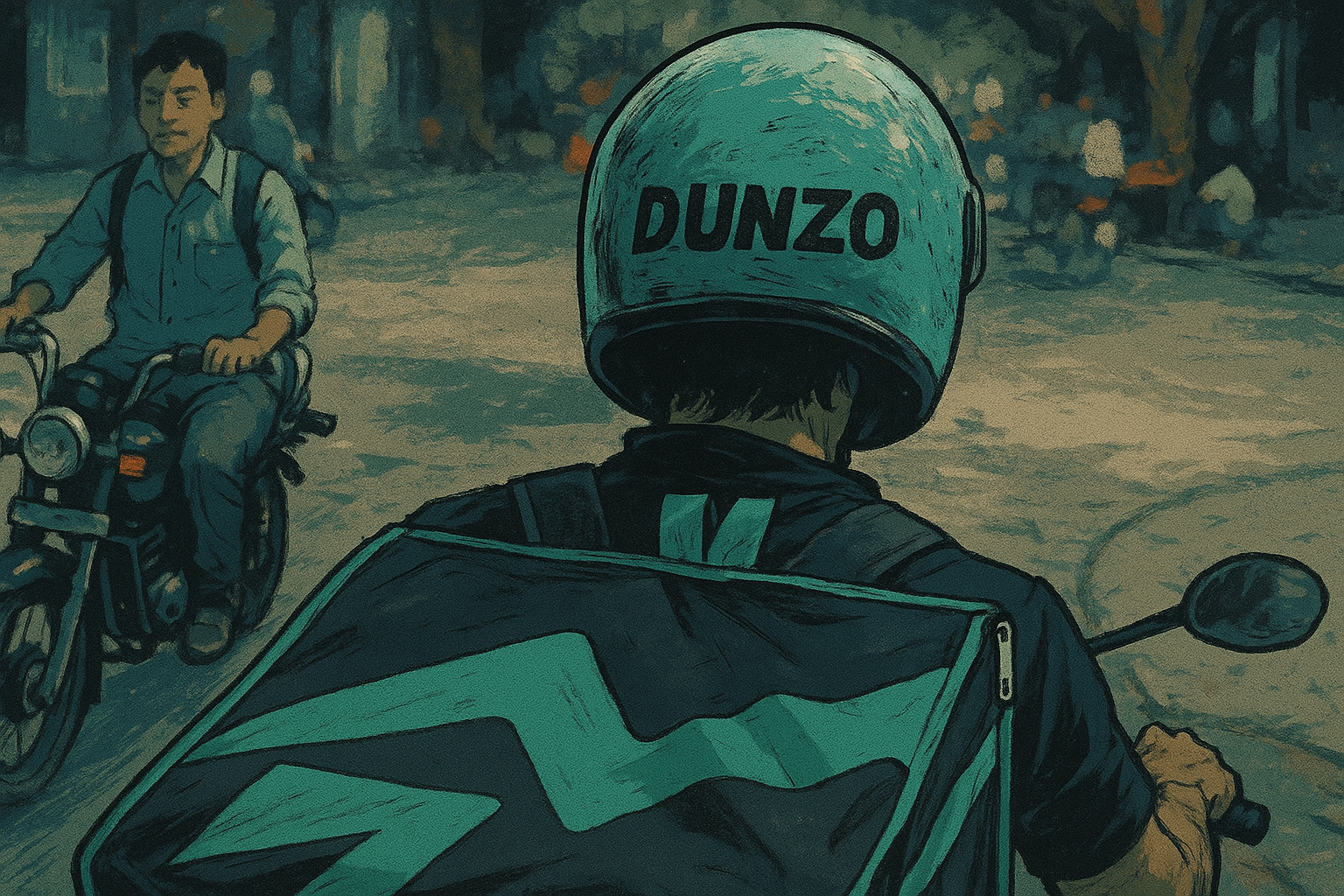A man in dunzo outfit delivering goods