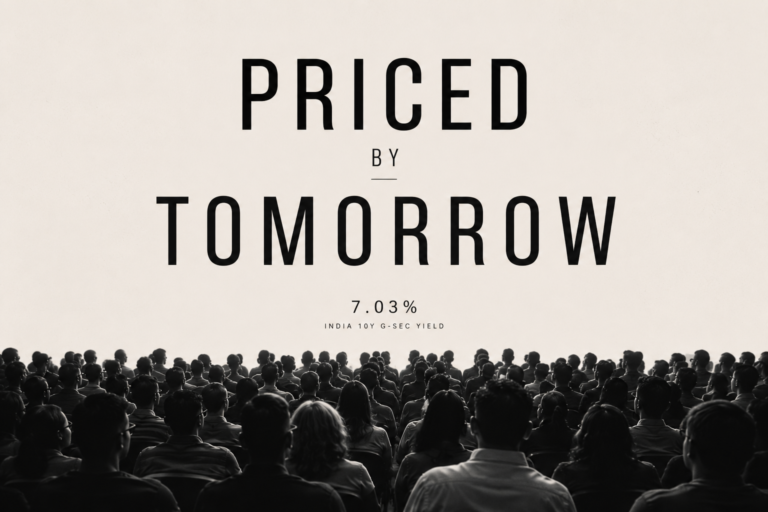 A picture having a huge crowd, looking at a screening of the title Priced by tomorrow, and it has India's G-Sec Yield